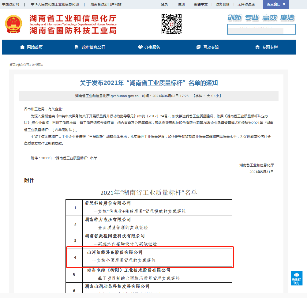 beat365官网荣获湖南省工业质量标杆企业